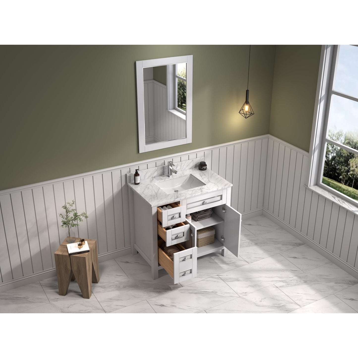 Legion Furniture 36" White Freestanding Vanity With White Marble Top and Single White Ceramic Sink