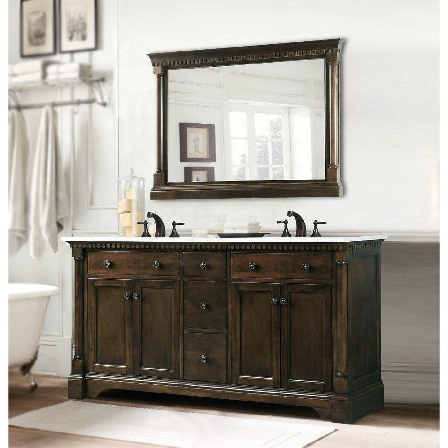 Legion Furniture 60" Antique Coffee Freestanding Vanity With Carrara White Top and Double Ceramic Sink