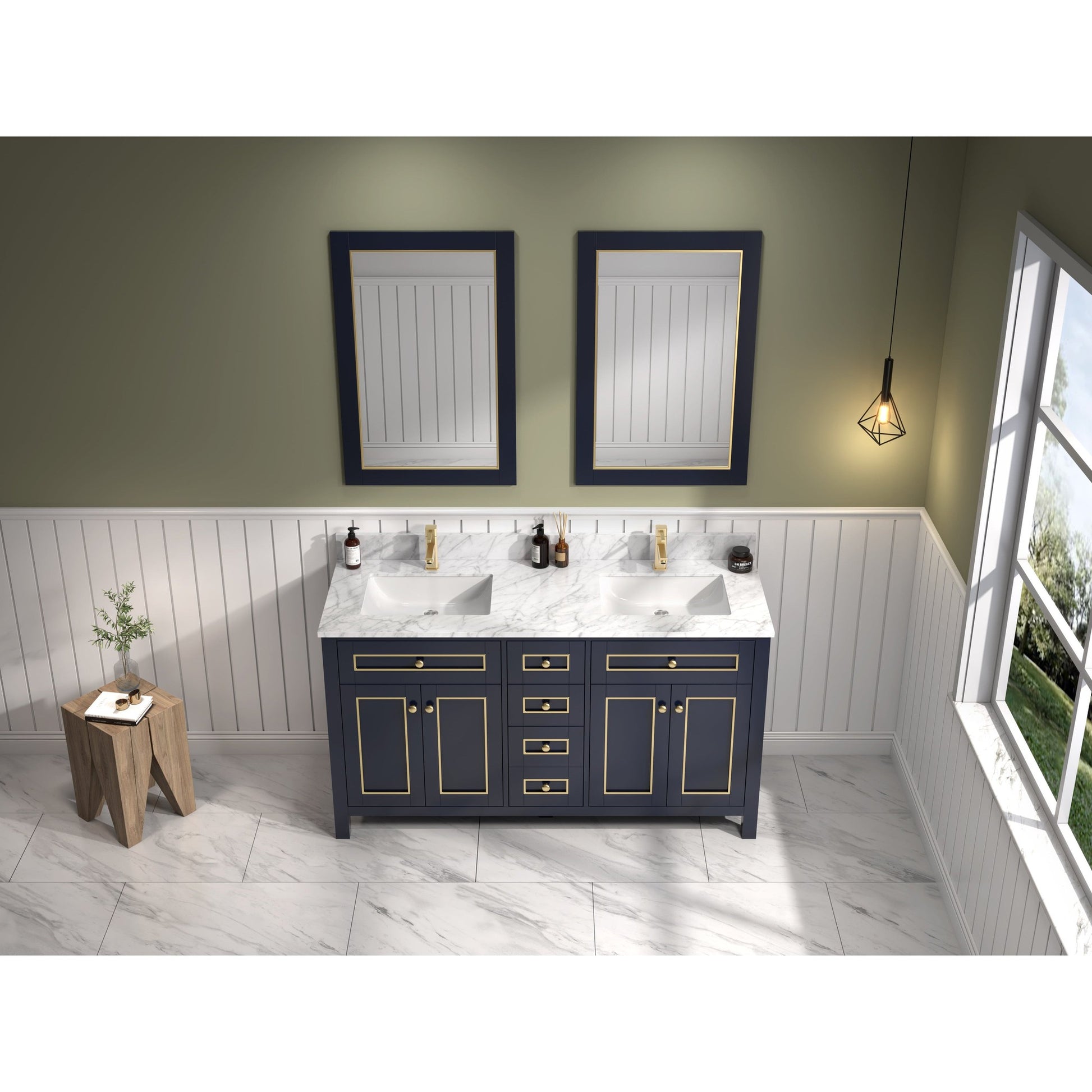 Legion Furniture 60" Blue Freestanding Vanity With Carrara White Marble Top and Double White Ceramic Sink