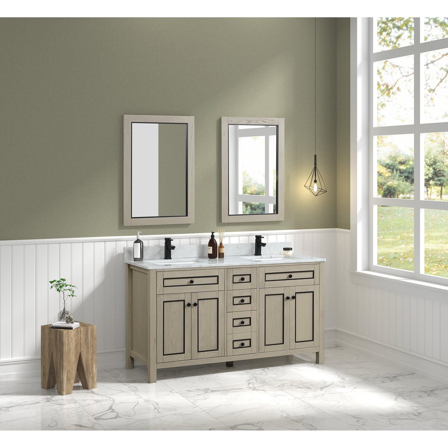 Legion Furniture 60" Light Oak Freestanding Vanity With Carrara White Marble Top and Double White Ceramic Sink