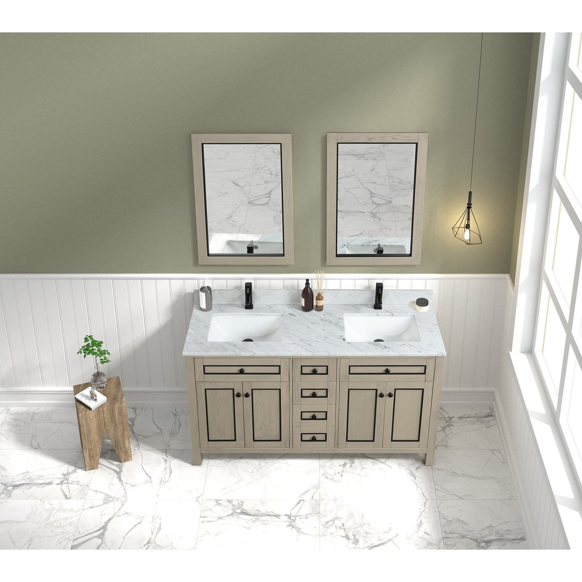 Legion Furniture 60" Light Oak Freestanding Vanity With Carrara White Marble Top and Double White Ceramic Sink