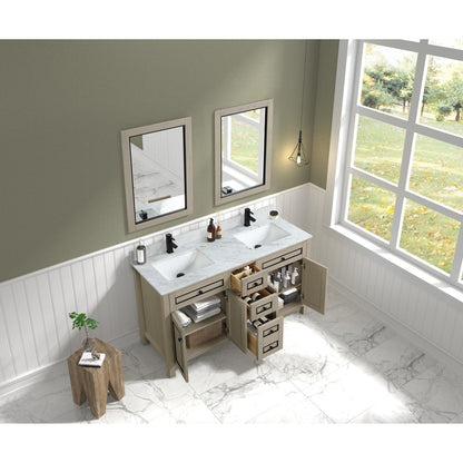 Legion Furniture 60" Light Oak Freestanding Vanity With Carrara White Marble Top and Double White Ceramic Sink