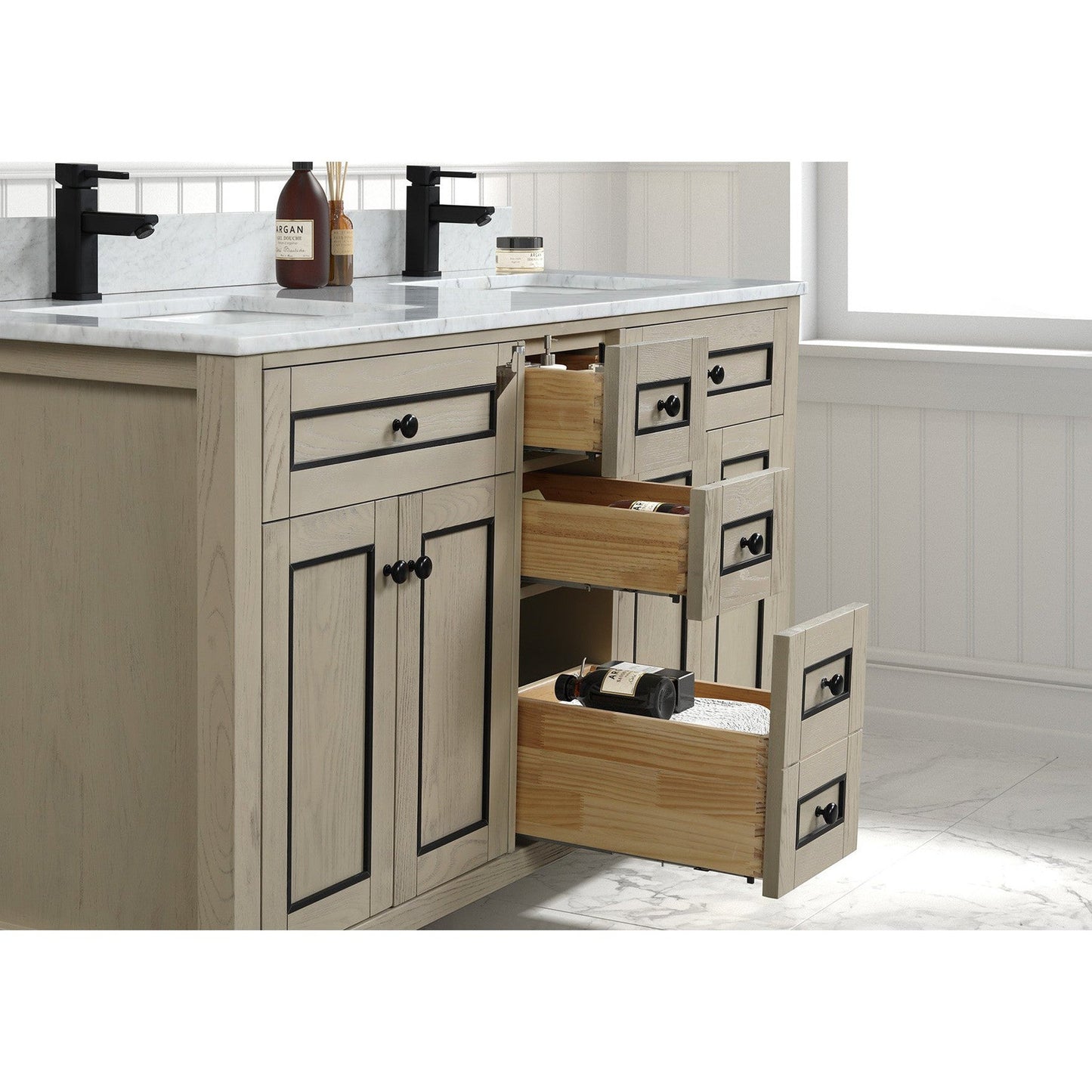 Legion Furniture 60" Light Oak Freestanding Vanity With Carrara White Marble Top and Double White Ceramic Sink