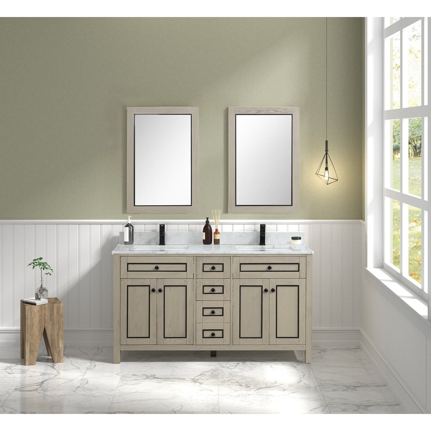 Legion Furniture 60" Light Oak Freestanding Vanity With Carrara White Marble Top and Double White Ceramic Sink