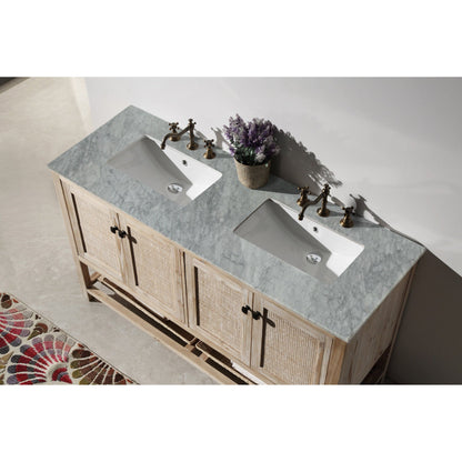 Legion Furniture 60" Rustic White Wash Freestanding Vanity With Marble Top and Double White Ceramic Sink