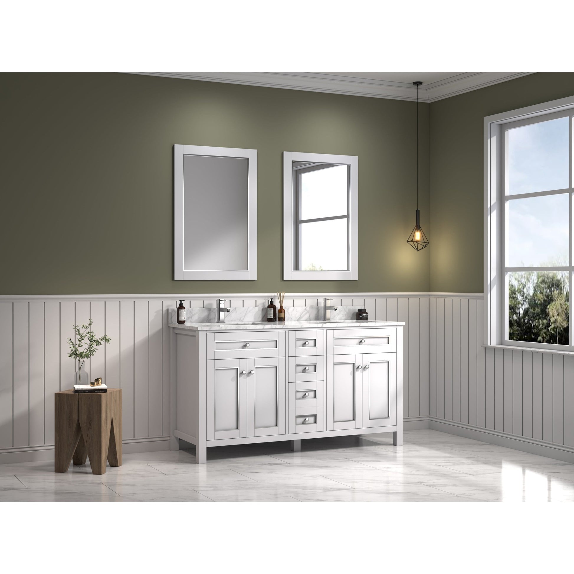 Legion Furniture 60" White Freestanding Vanity With Carrara White Marble Top and Double White Ceramic Sink