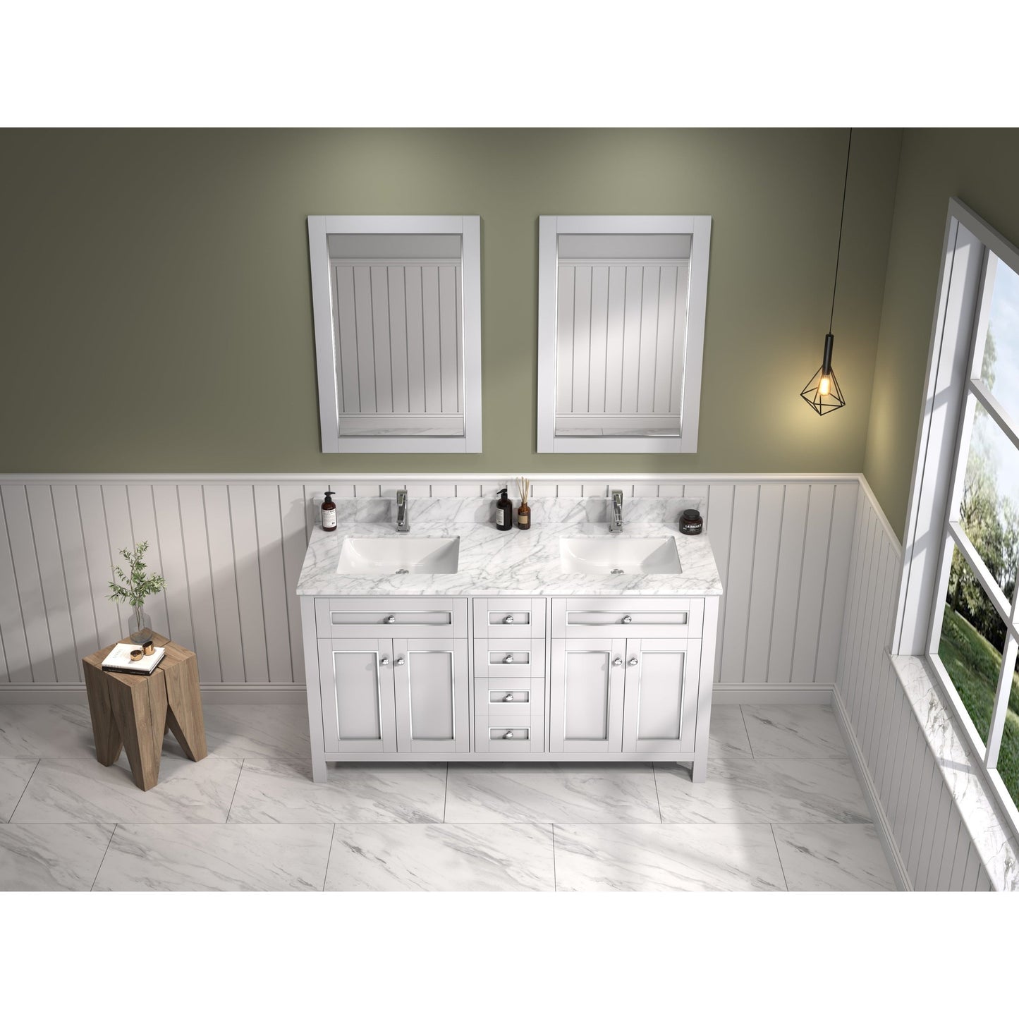 Legion Furniture 60" White Freestanding Vanity With Carrara White Marble Top and Double White Ceramic Sink