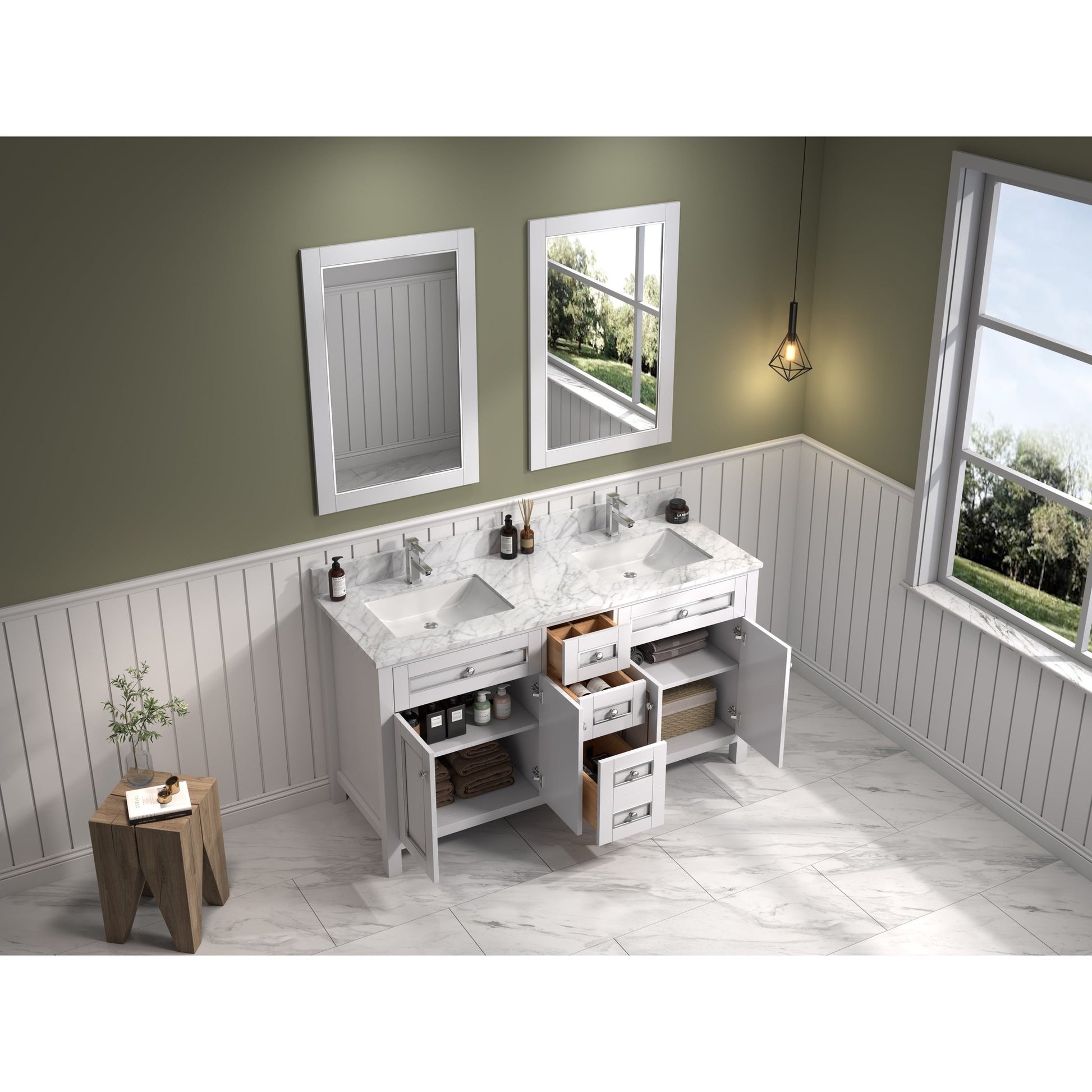 Legion Furniture 60" White Freestanding Vanity With Carrara White Marble Top and Double White Ceramic Sink