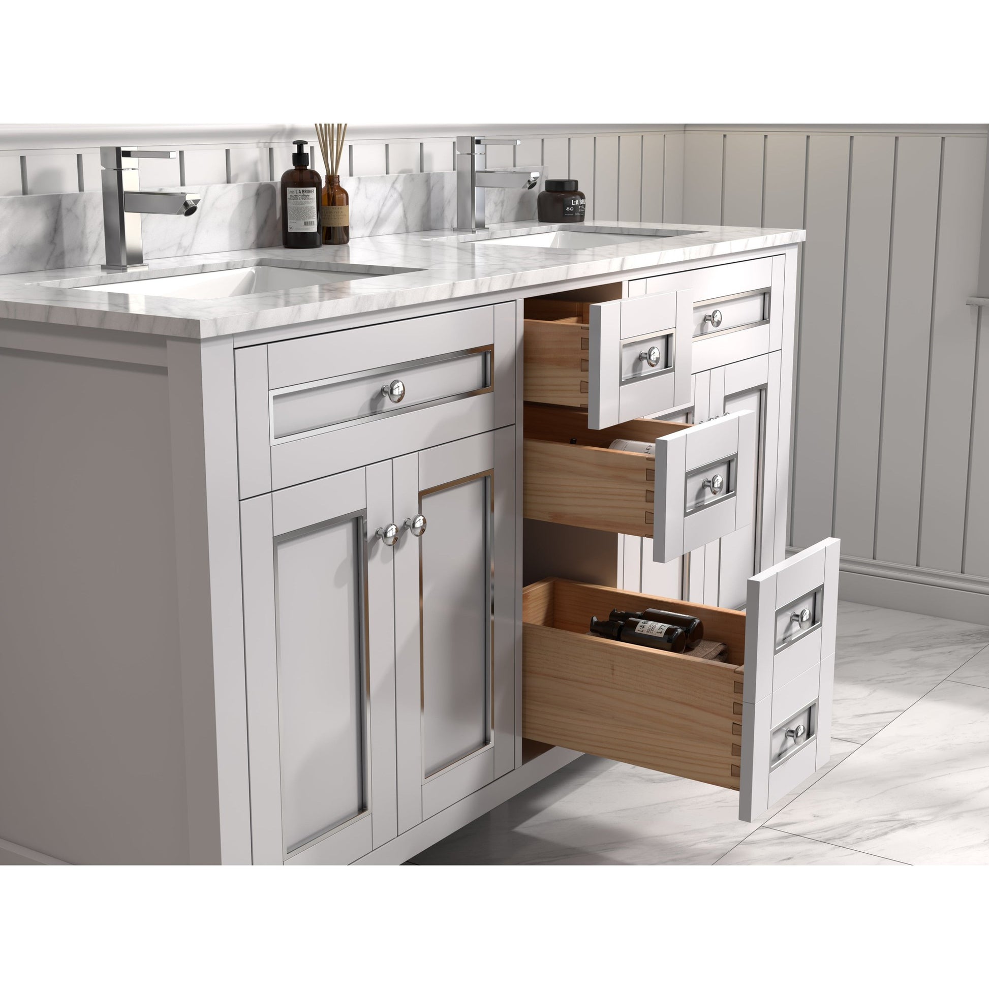 Legion Furniture 60" White Freestanding Vanity With Carrara White Marble Top and Double White Ceramic Sink