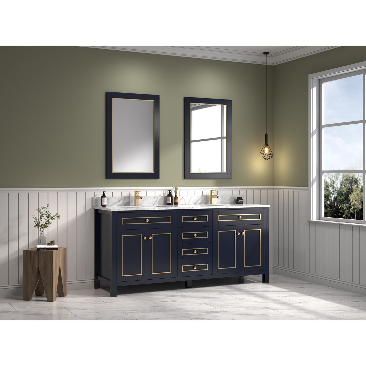 Legion Furniture 72" Blue Freestanding Vanity With Carrara White Marble Top and Double White Ceramic Sink