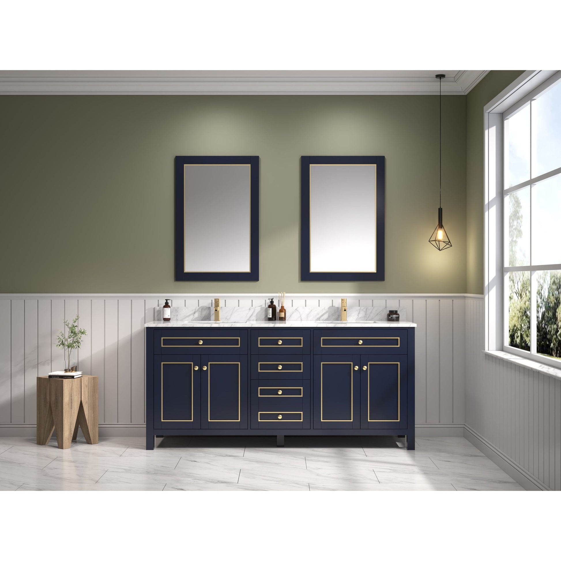 Legion Furniture 72" Blue Freestanding Vanity With Carrara White Marble Top and Double White Ceramic Sink