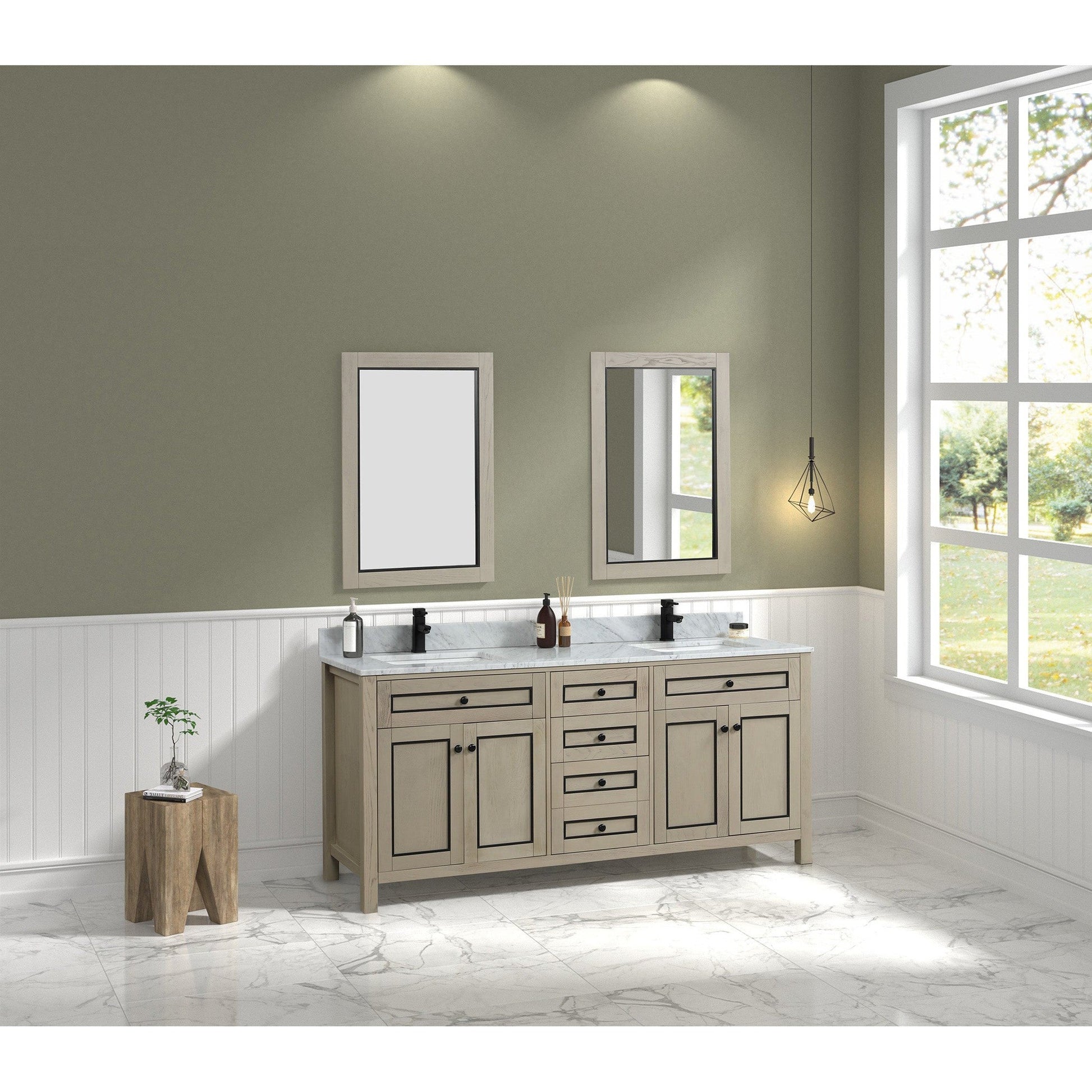 Legion Furniture 72" Light Oak Freestanding Vanity With Carrara White Marble Top and Double White Ceramic Sink