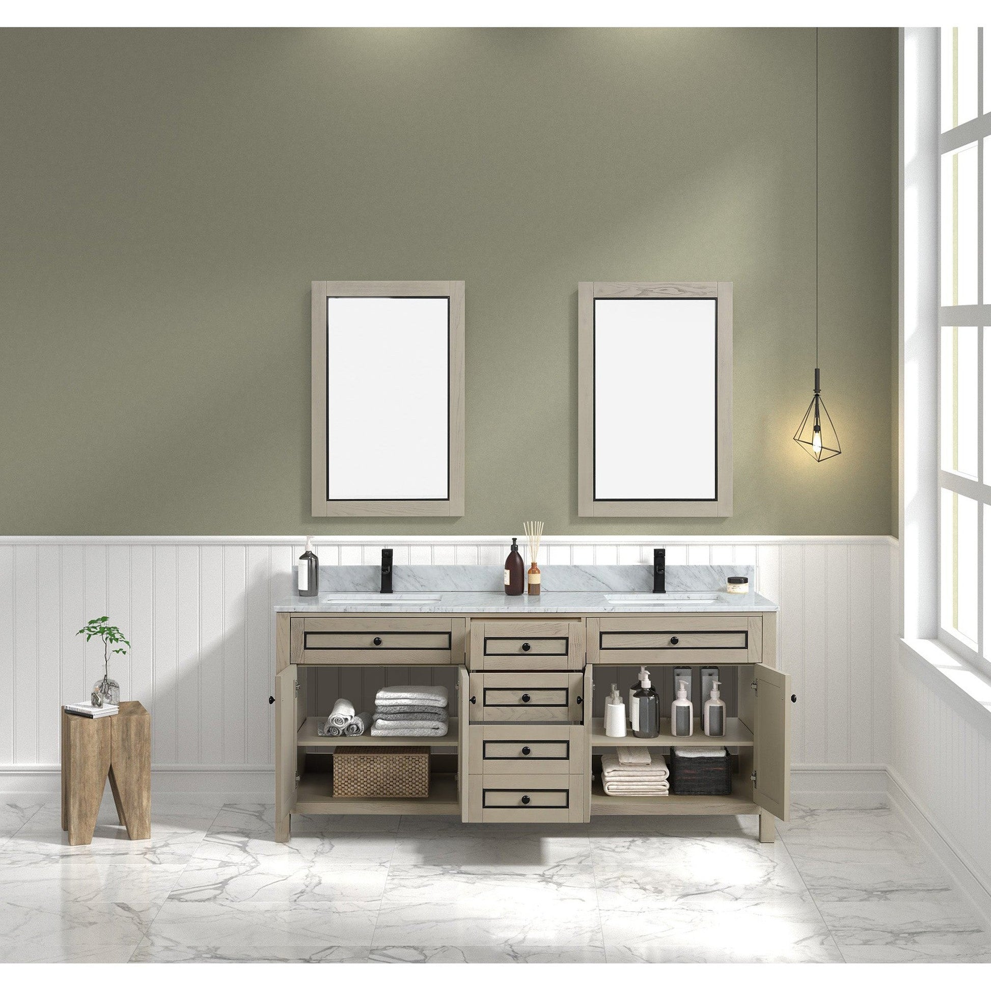 Legion Furniture 72" Light Oak Freestanding Vanity With Carrara White Marble Top and Double White Ceramic Sink