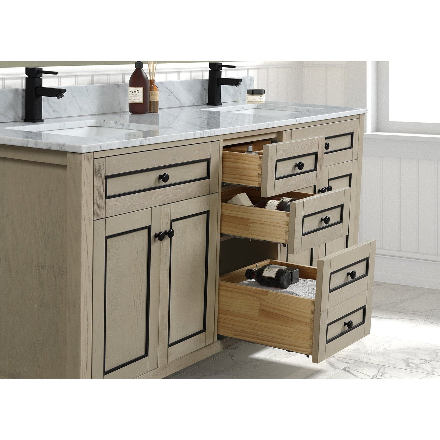 Legion Furniture 72" Light Oak Freestanding Vanity With Carrara White Marble Top and Double White Ceramic Sink