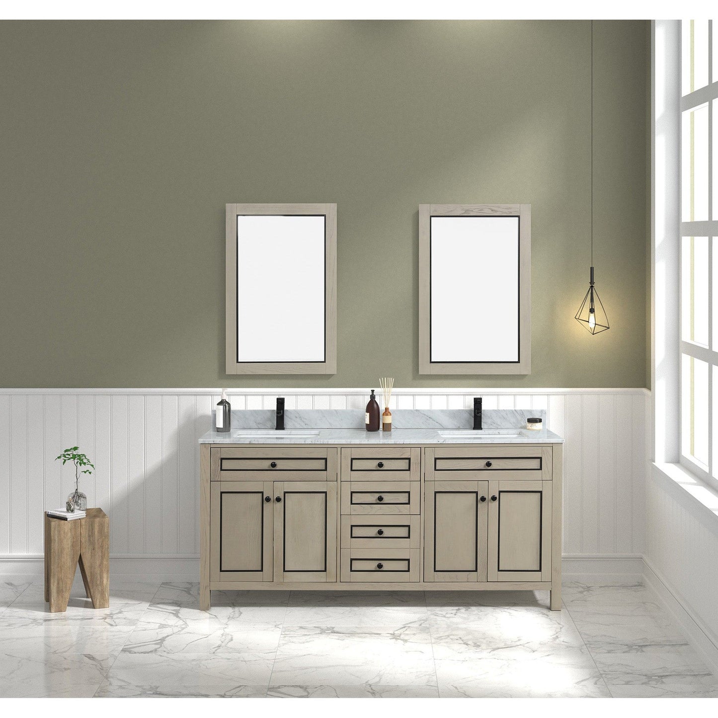 Legion Furniture 72" Light Oak Freestanding Vanity With Carrara White Marble Top and Double White Ceramic Sink