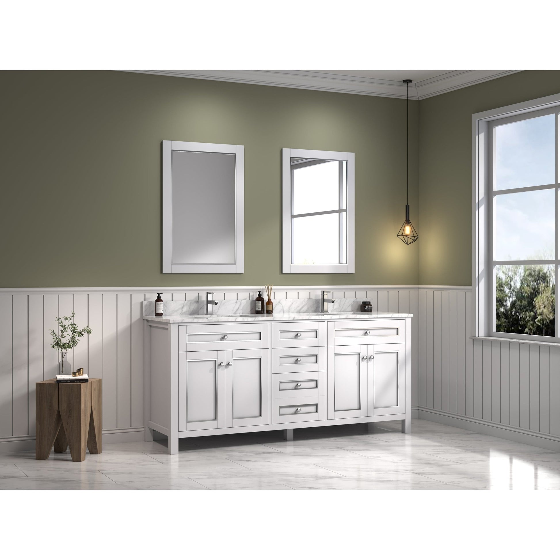 Legion Furniture 72" White Freestanding Vanity With Carrara White Marble Top and Double White Ceramic Sink