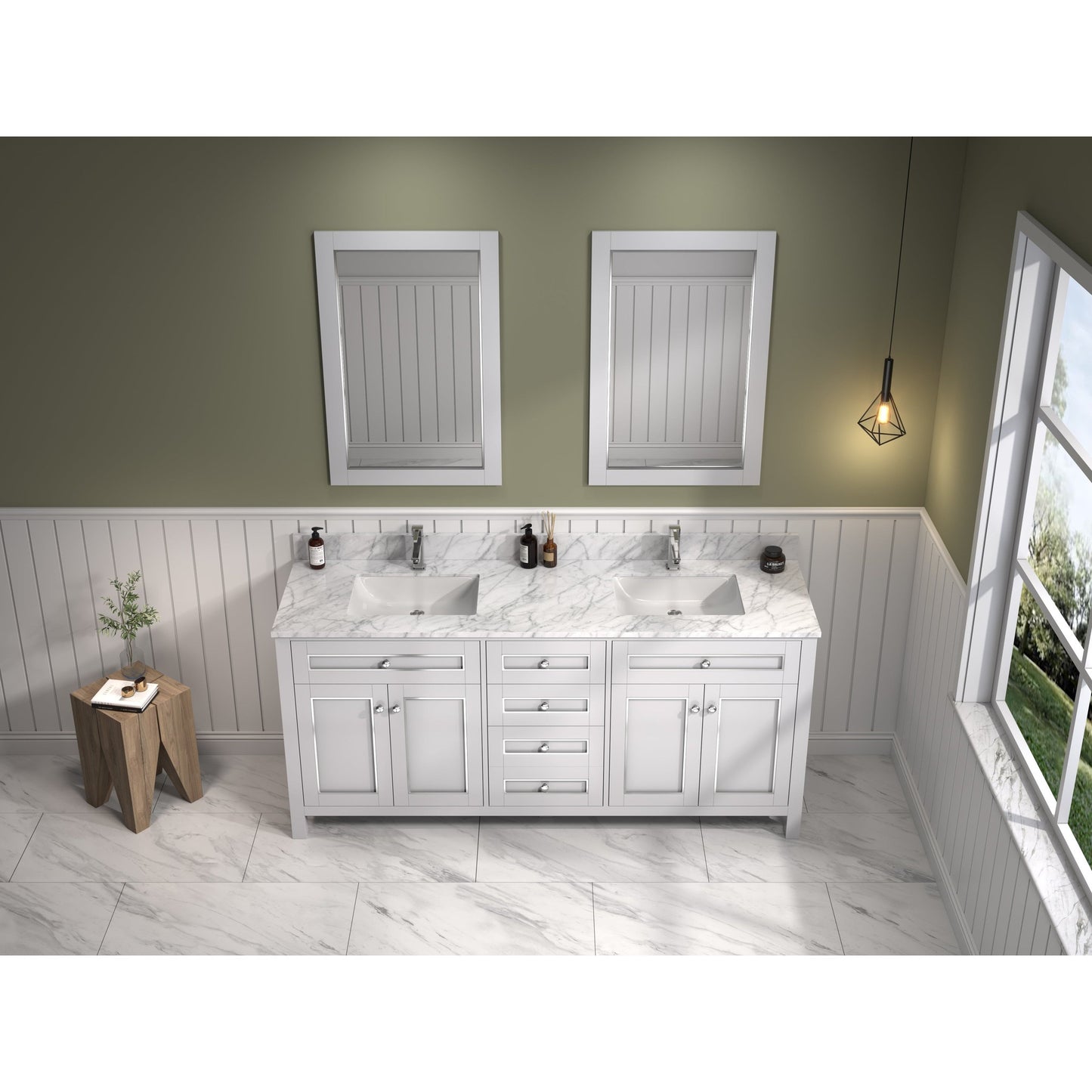 Legion Furniture 72" White Freestanding Vanity With Carrara White Marble Top and Double White Ceramic Sink