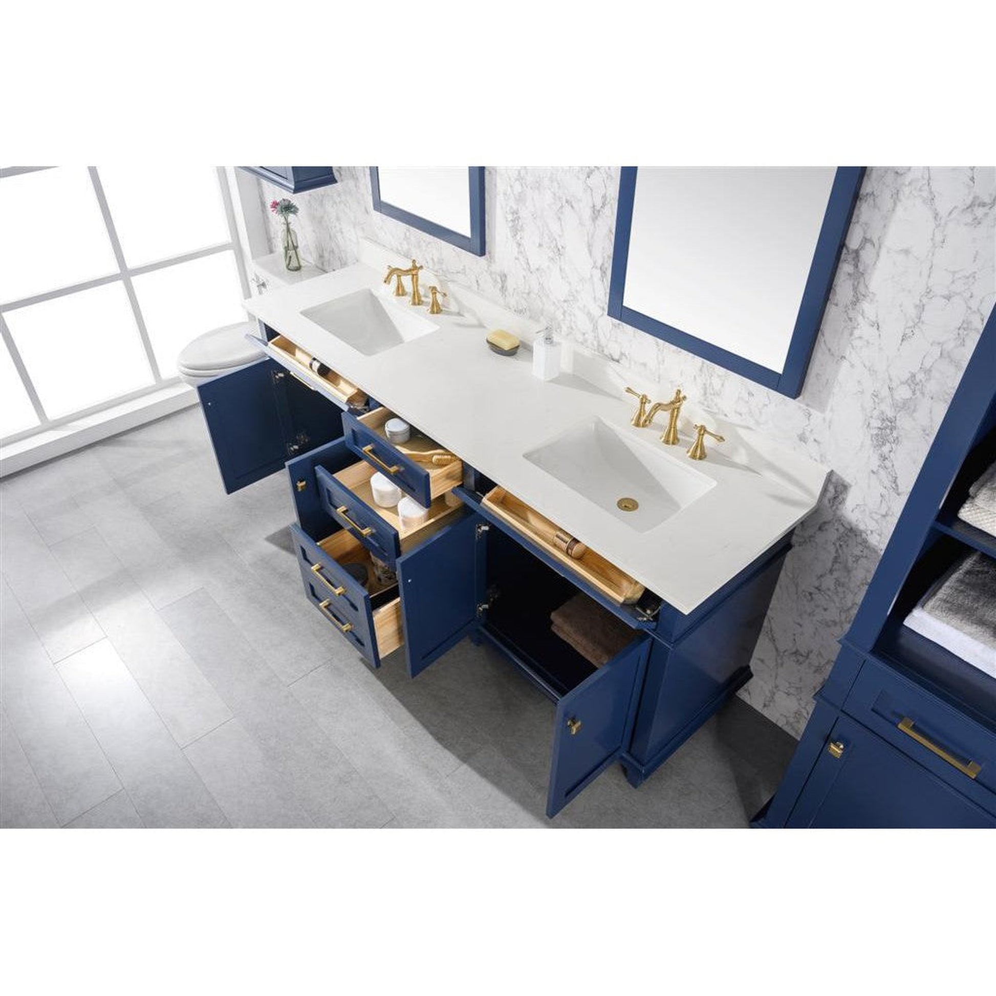 Legion Furniture 80" Blue Freestanding Vanity With White Carrara Quartz Top and Double White Ceramic Sink