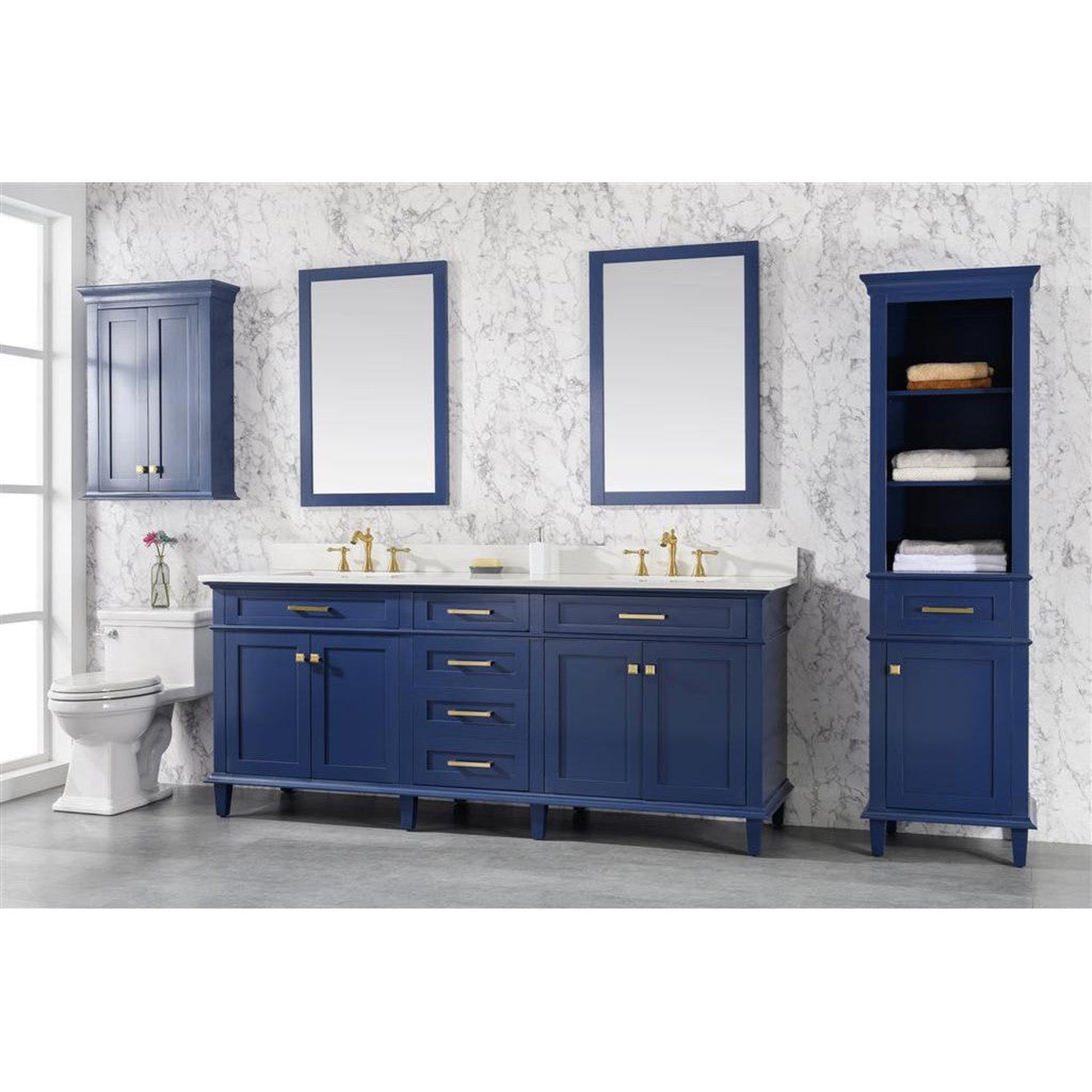 Legion Furniture 80" Blue Freestanding Vanity With White Carrara Quartz Top and Double White Ceramic Sink