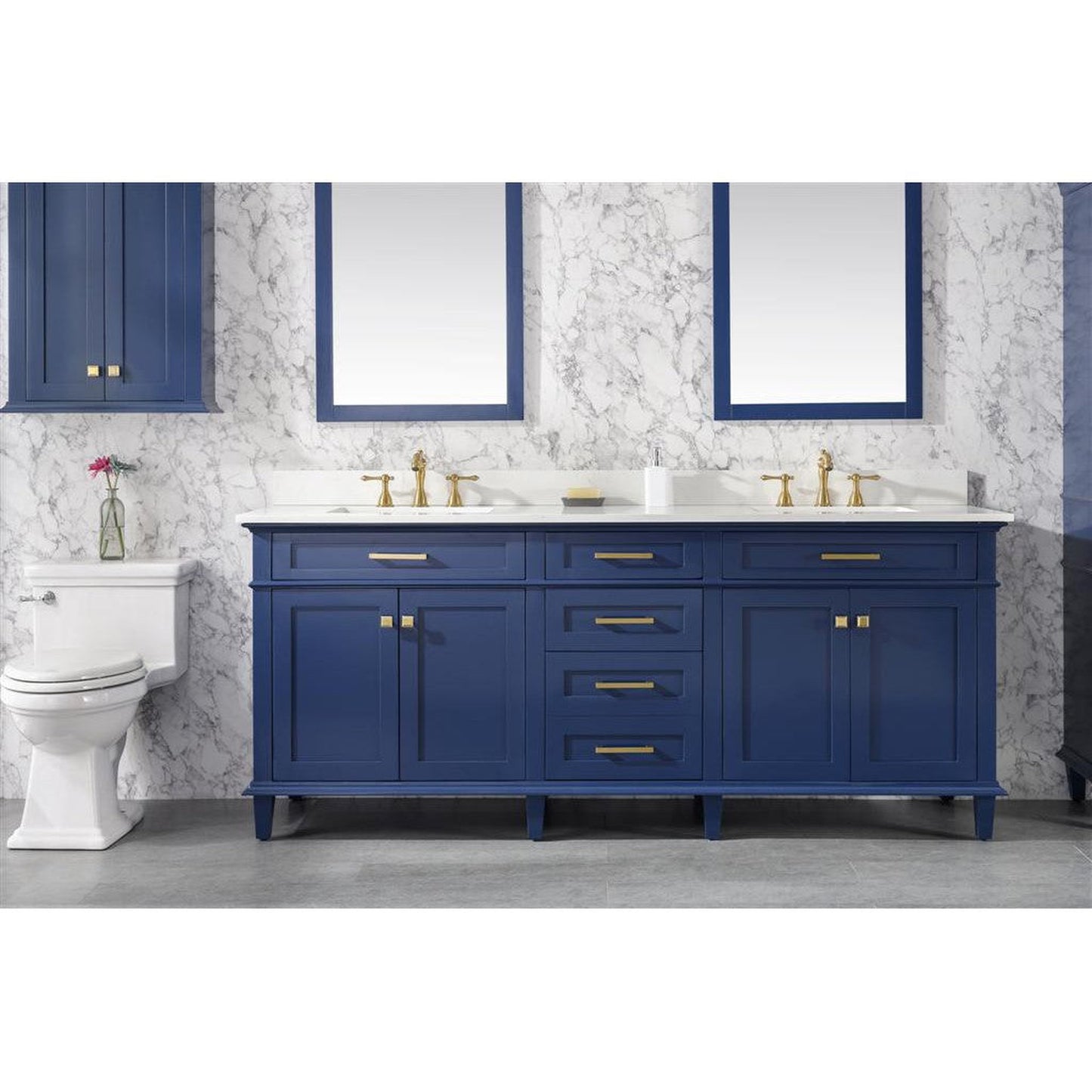 Legion Furniture 80" Blue Freestanding Vanity With White Carrara Quartz Top and Double White Ceramic Sink