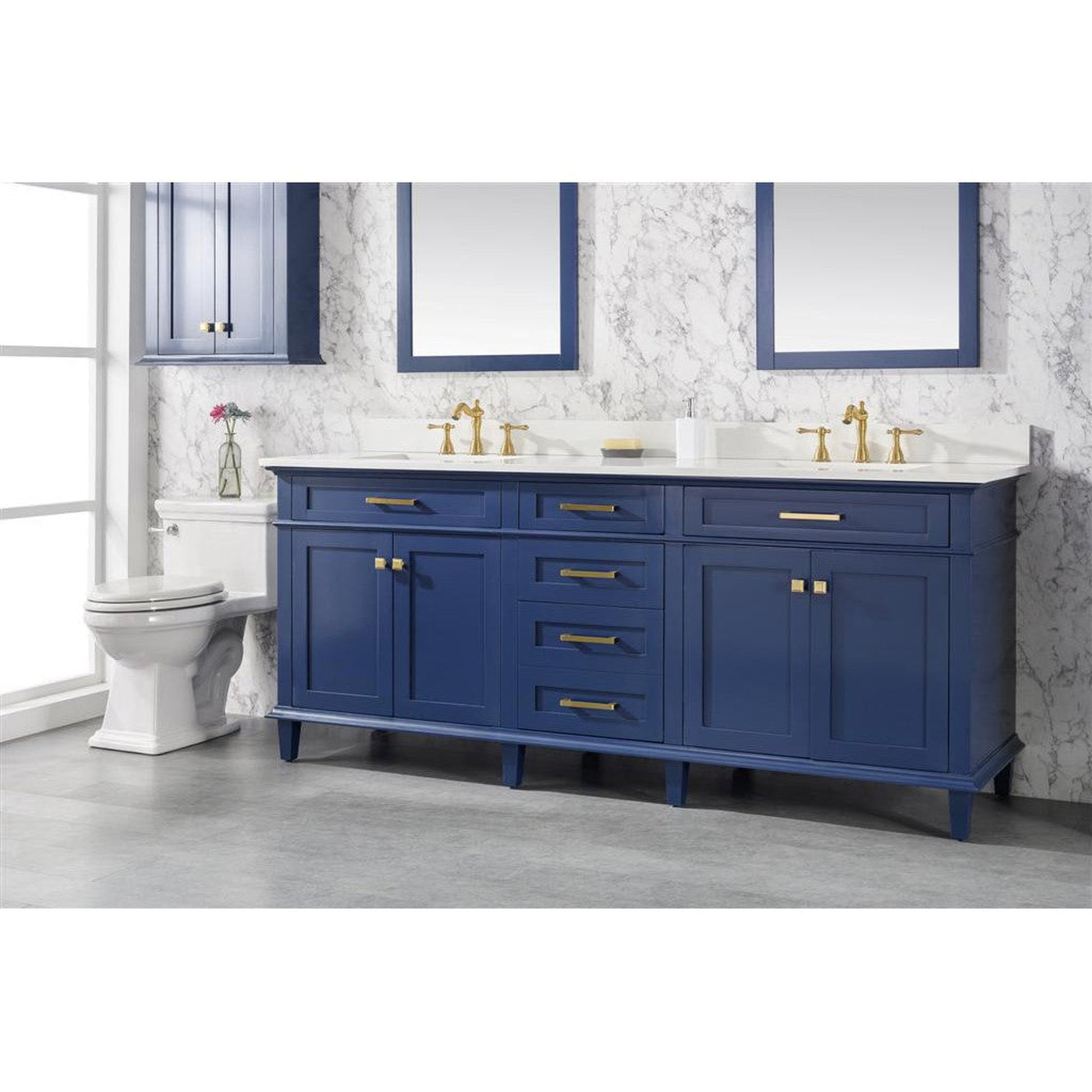 Legion Furniture 80" Blue Freestanding Vanity With White Carrara Quartz Top and Double White Ceramic Sink