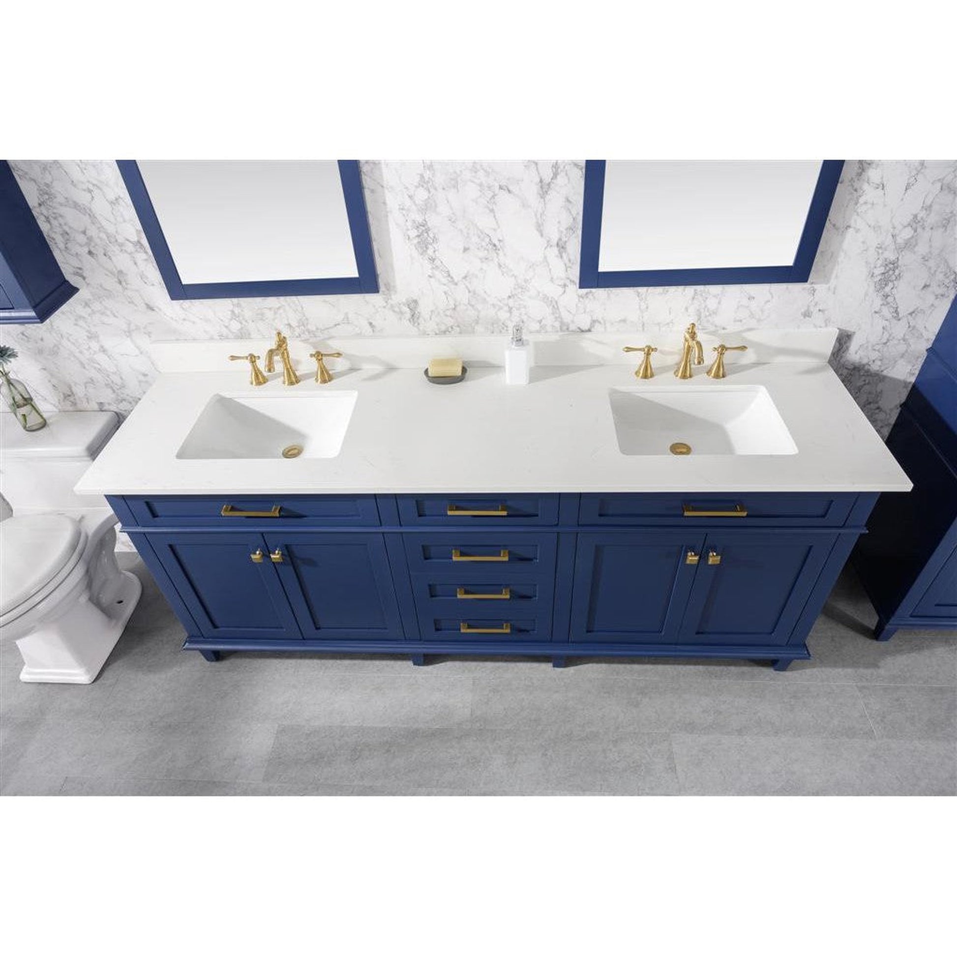 Legion Furniture 80" Blue Freestanding Vanity With White Carrara Quartz Top and Double White Ceramic Sink