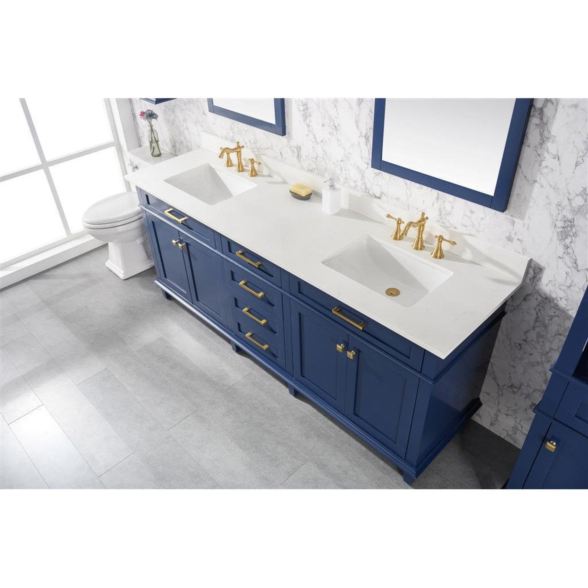 Legion Furniture 80" Blue Freestanding Vanity With White Carrara Quartz Top and Double White Ceramic Sink