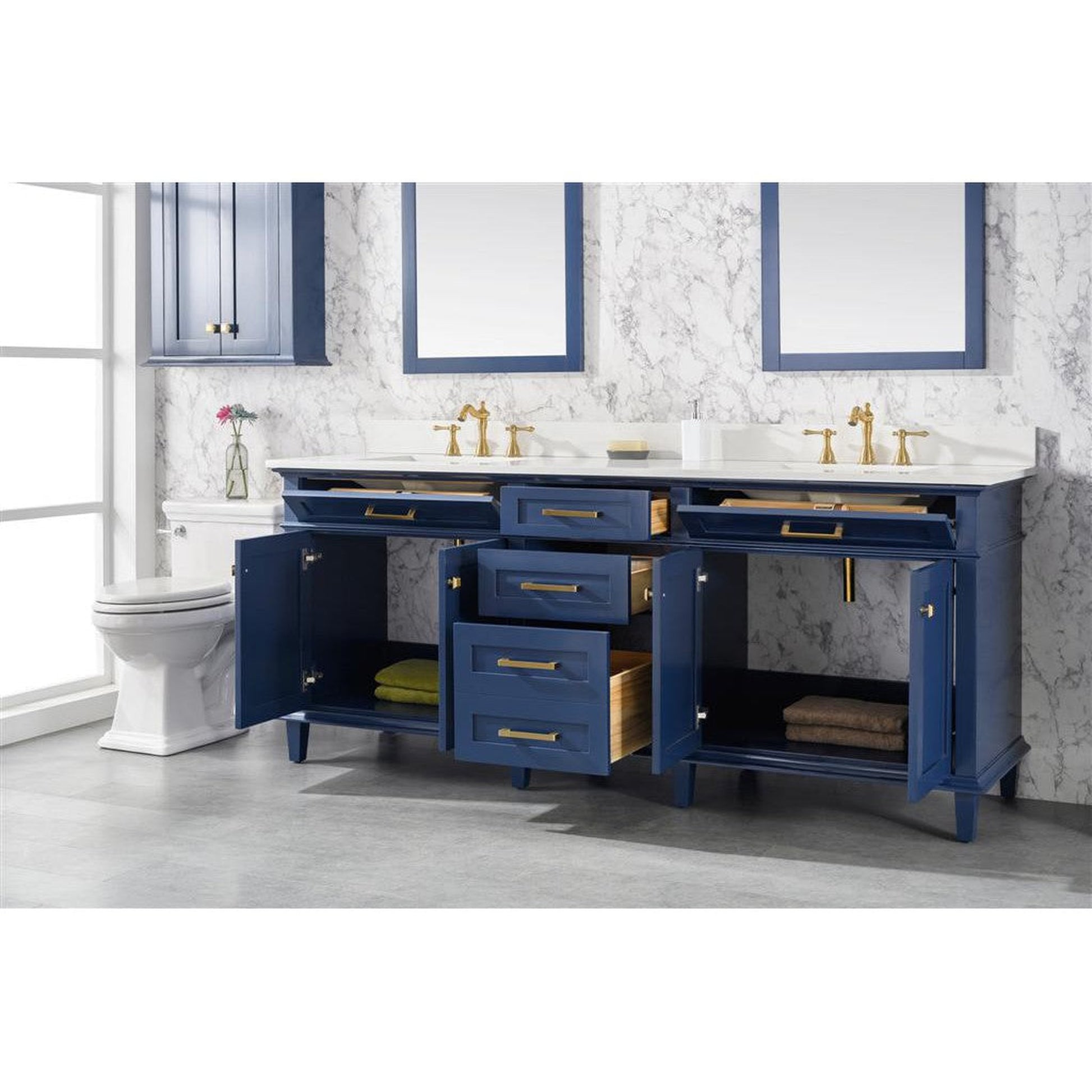 Legion Furniture 80" Blue Freestanding Vanity With White Carrara Quartz Top and Double White Ceramic Sink