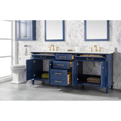 Legion Furniture 80" Blue Freestanding Vanity With White Carrara Quartz Top and Double White Ceramic Sink