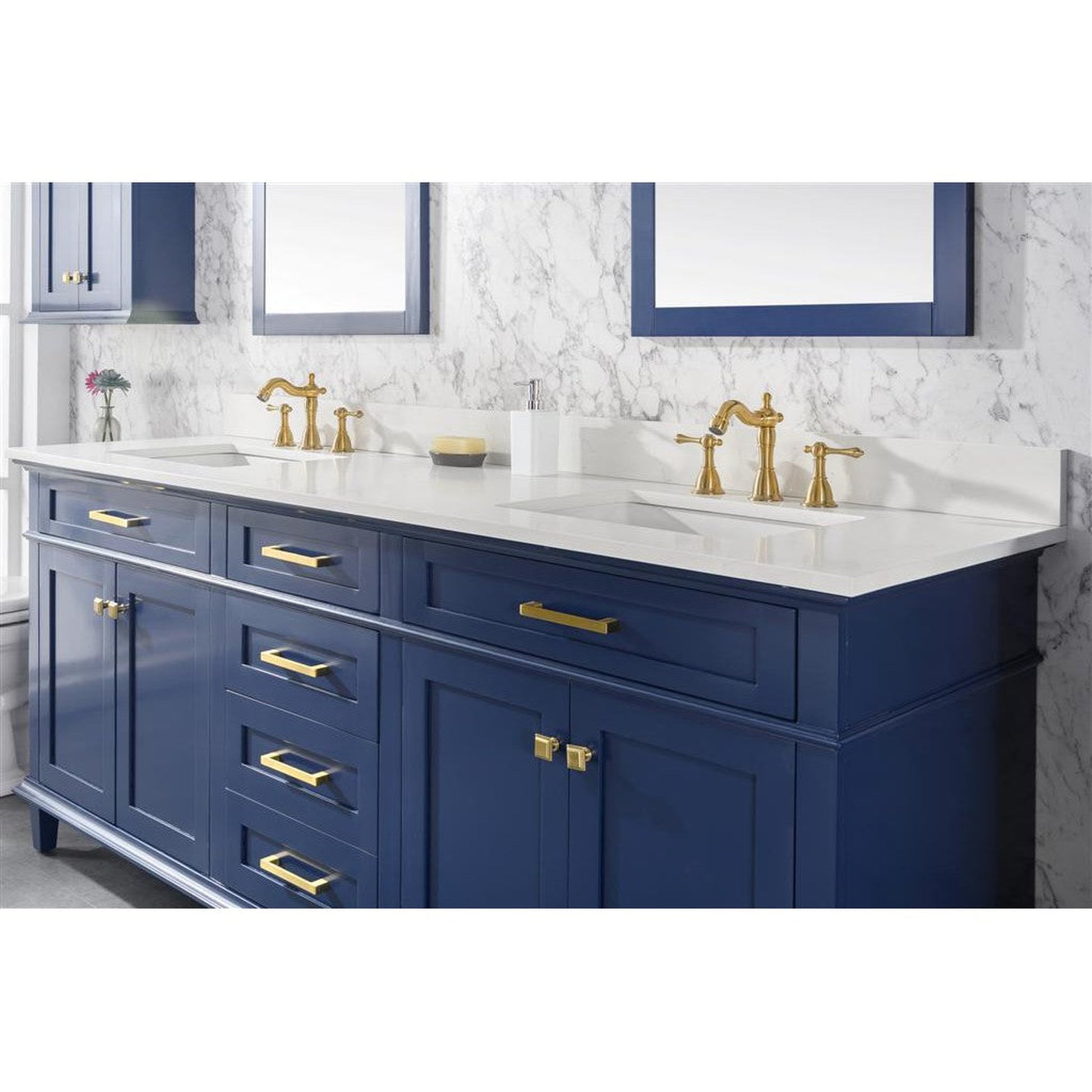 Legion Furniture 80" Blue Freestanding Vanity With White Carrara Quartz Top and Double White Ceramic Sink