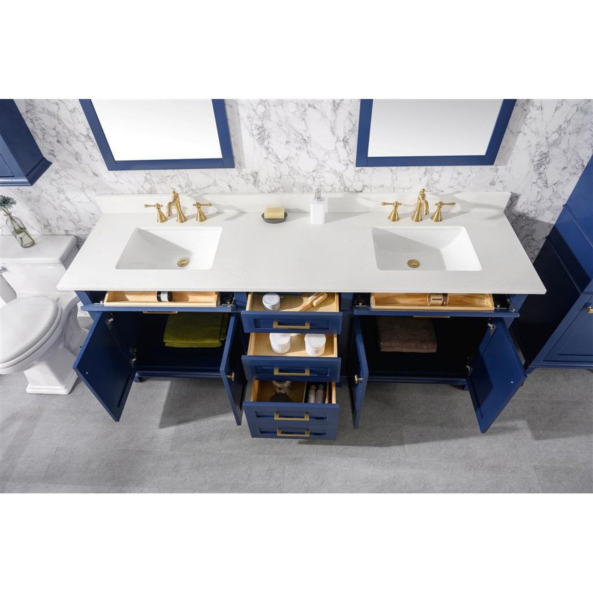 Legion Furniture 80" Blue Freestanding Vanity With White Carrara Quartz Top and Double White Ceramic Sink