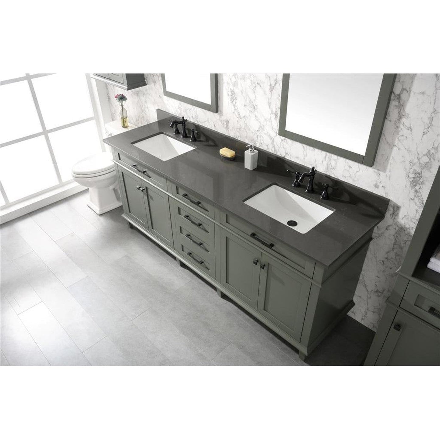 Legion Furniture 80" Pewter Green Freestanding Vanity With Blue Lime Stone Top and Double White Ceramic Sink