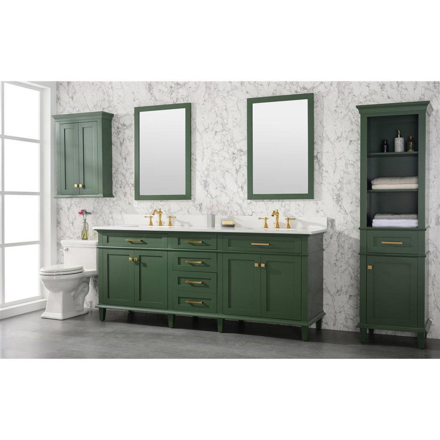 Legion Furniture 80" Vogue Green Freestanding Vanity With White Carrara Quartz Top and Double White Ceramic Sink