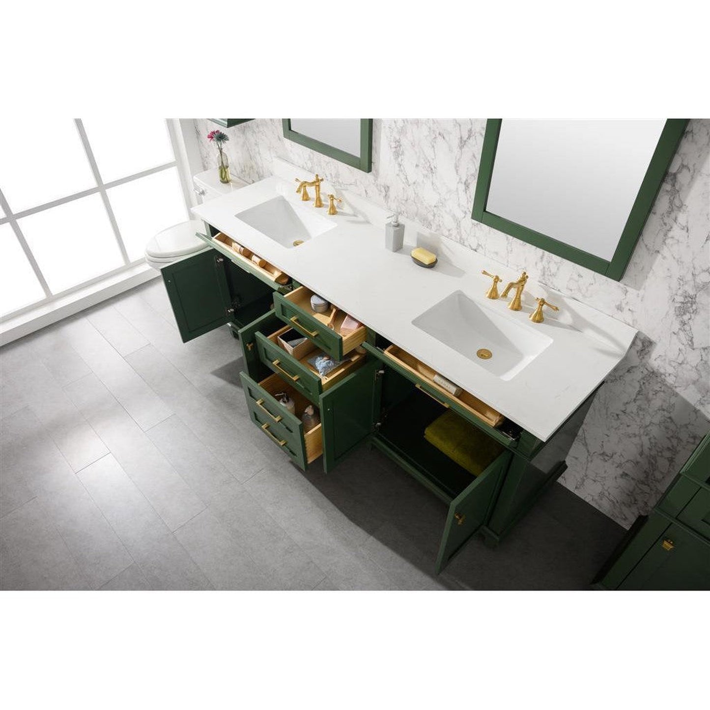 Legion Furniture 80" Vogue Green Freestanding Vanity With White Carrara Quartz Top and Double White Ceramic Sink