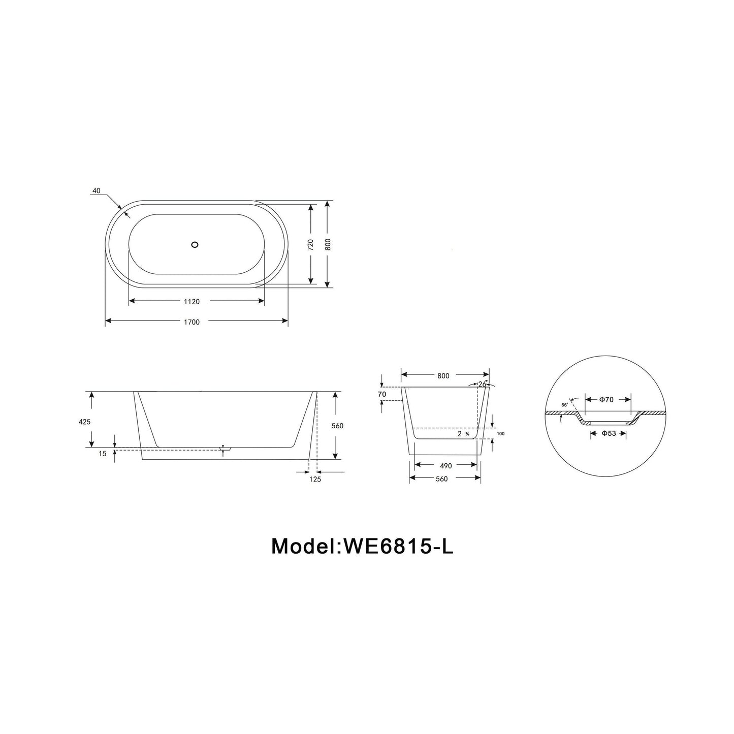 Legion Furniture WE6815-L 67" White Acrylic Freestanding Bathtub With Pop-up Drain