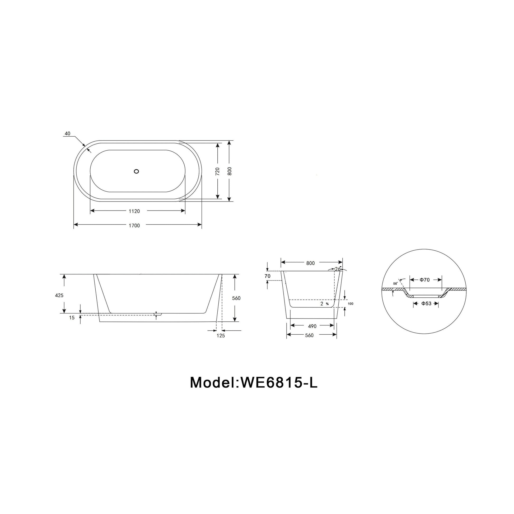 Legion Furniture WE6815-L 67" White Acrylic Freestanding Bathtub With Pop-up Drain