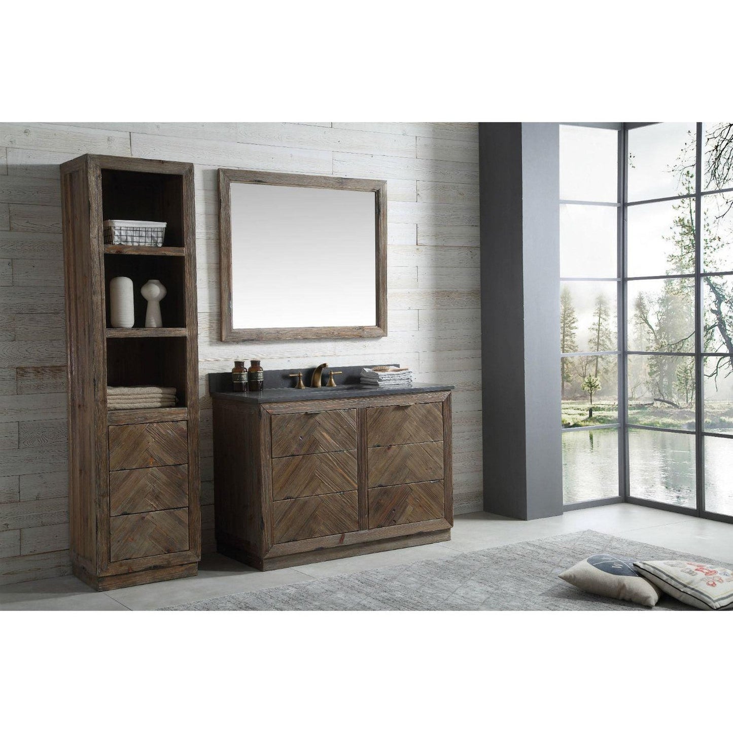 Legion Furniture WH8548 48" Brown Rustic Freestanding Vanity With Moon Stone Top, Backsplash and White Ceramic Sink