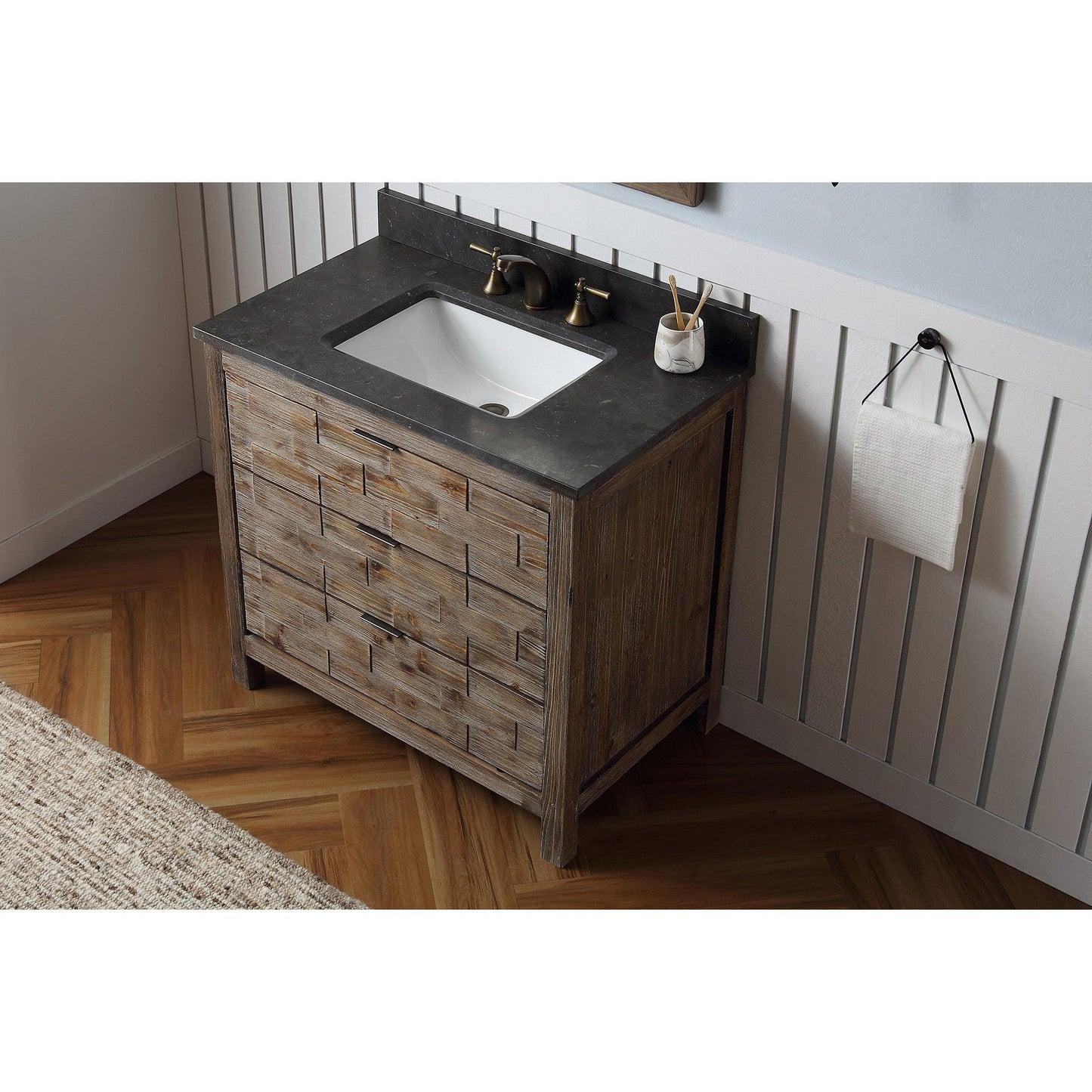 Legion Furniture WH8636 36" Brown Rustic Freestanding Vanity With Moon Stone Top, Backsplash and White Ceramic Sink