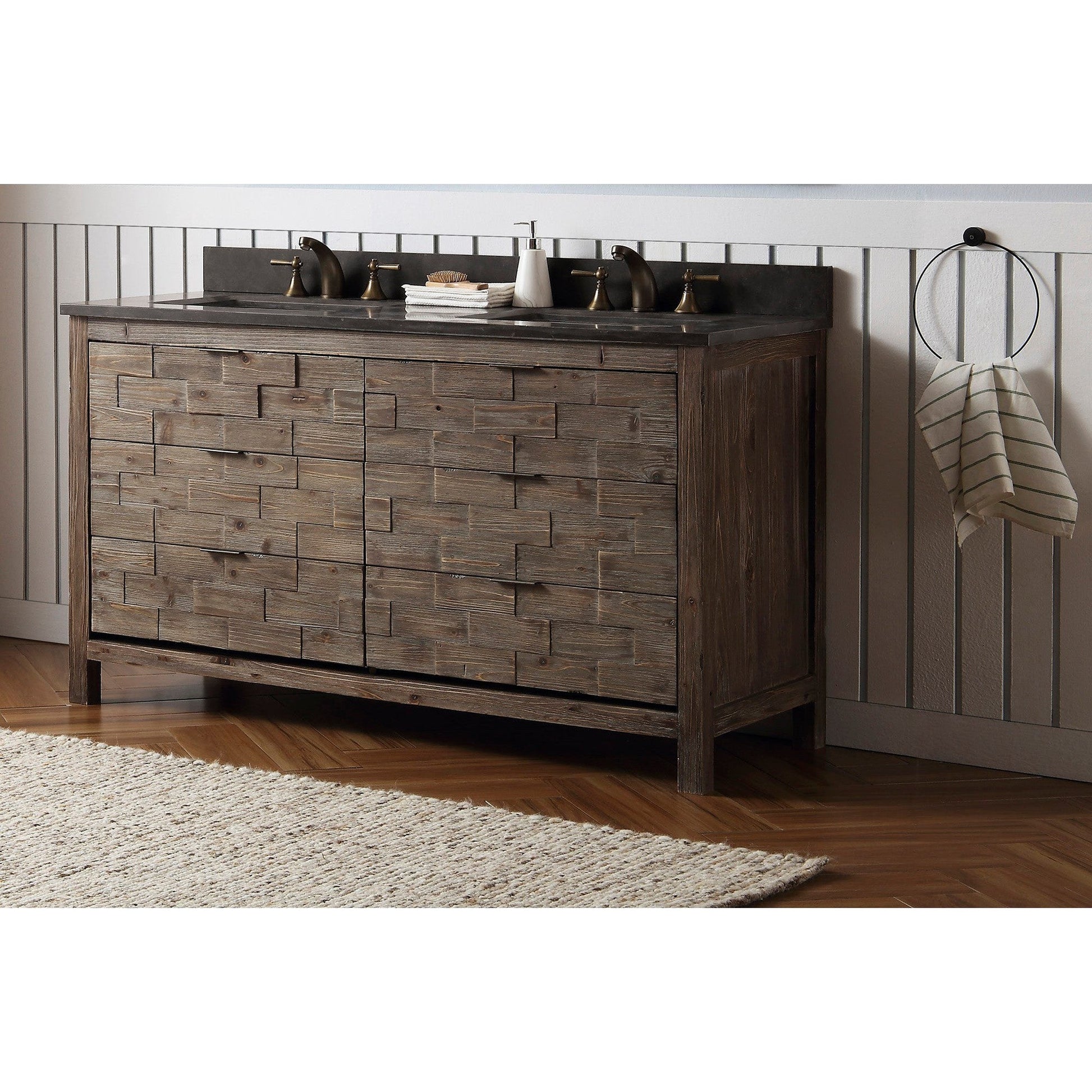 Legion Furniture WH8660 60" Brown Rustic Freestanding Vanity With Moon Stone Marble Top, Backsplash and Double White Ceramic Sink