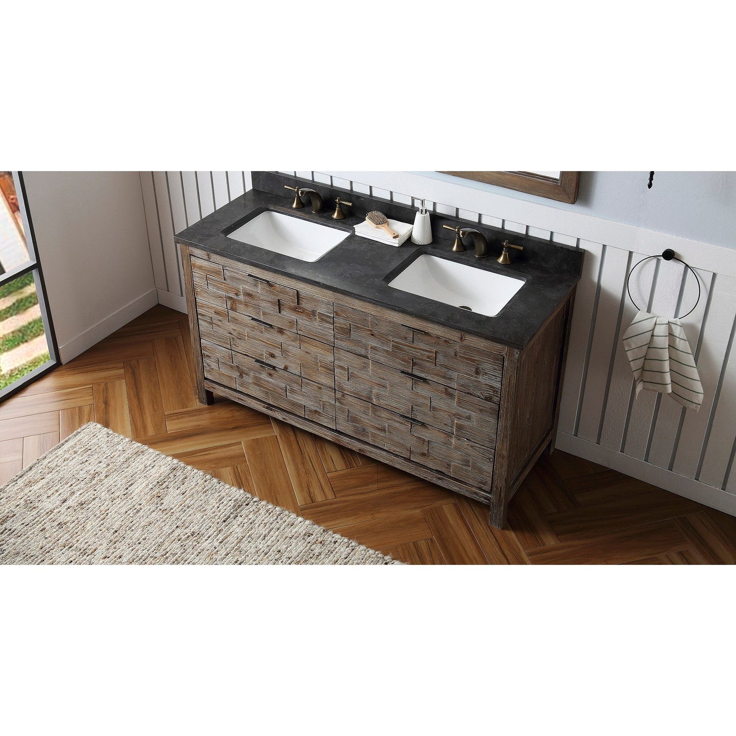 Legion Furniture WH8660 60" Brown Rustic Freestanding Vanity With Moon Stone Marble Top, Backsplash and Double White Ceramic Sink