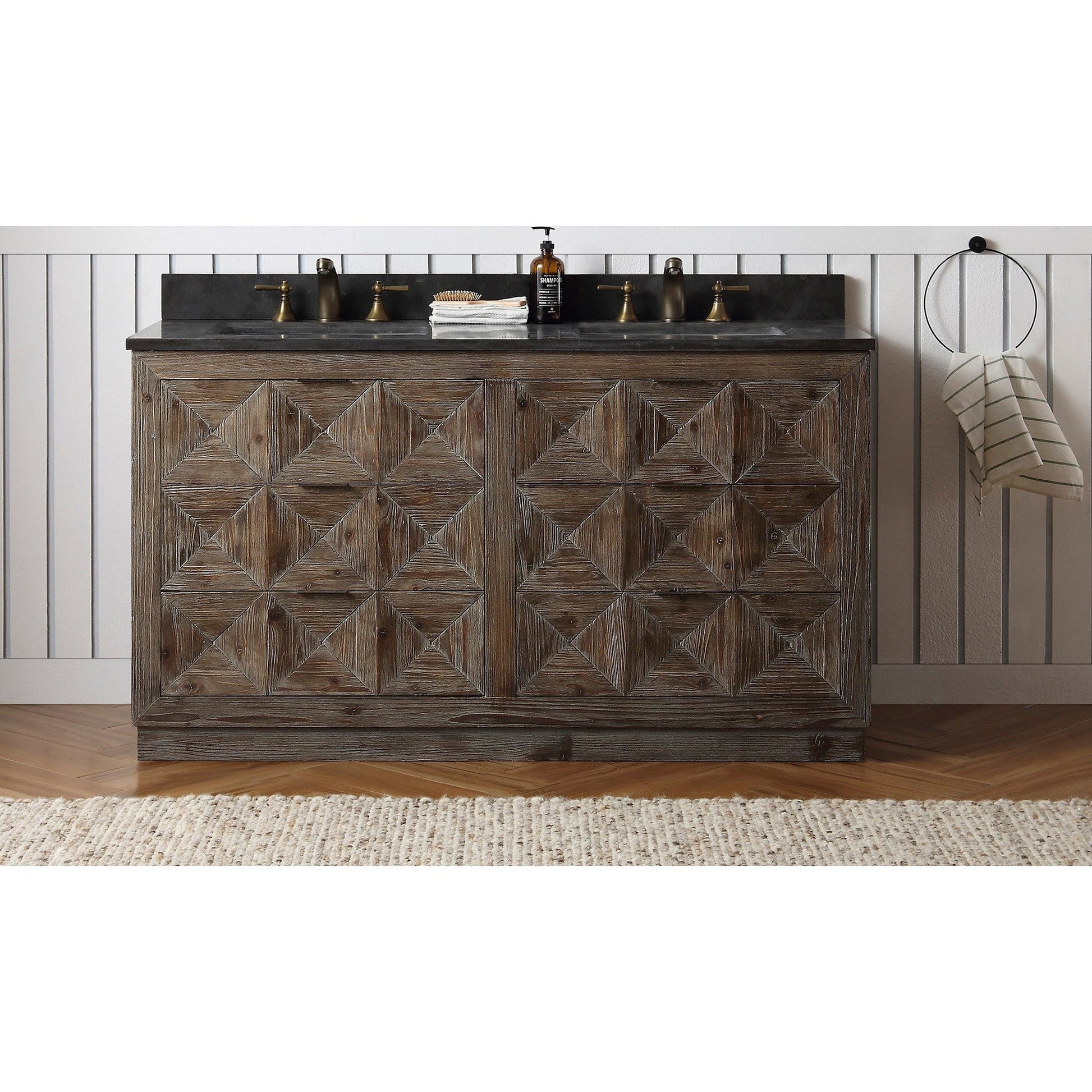 Legion Furniture WH8760 60" Brown Rustic Freestanding Vanity With Moon Stone Marble Top, Backsplash and Double White Ceramic Sink