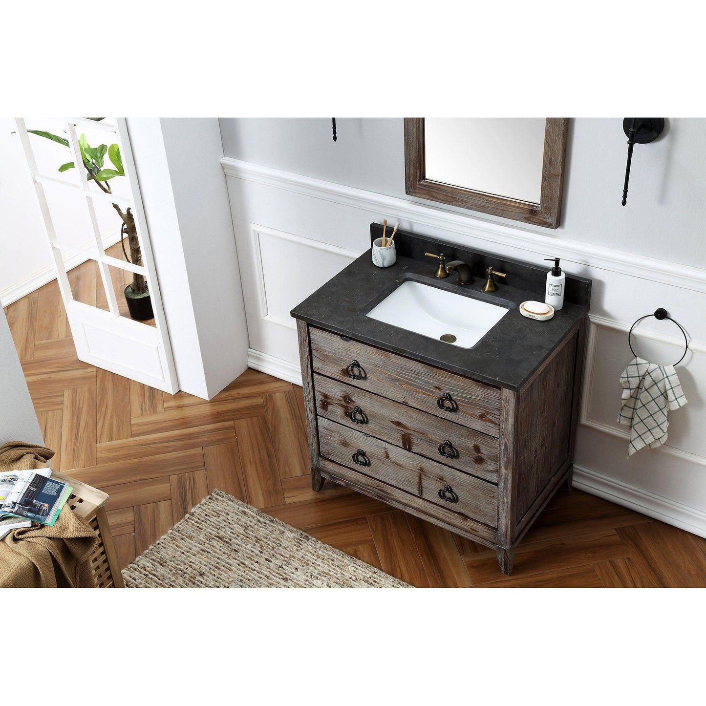 Legion Furniture WH8836 36" Brown Rustic Freestanding Vanity With Moon Stone Marble Top, Backsplash and White Ceramic Sink