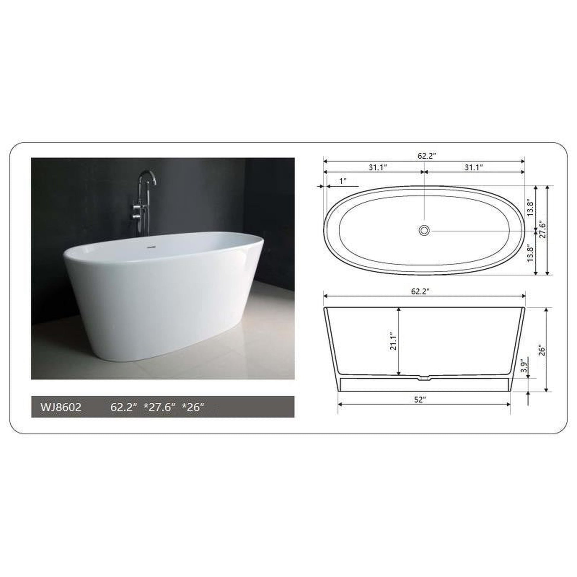 Legion Furniture WJ8602-W 62" Matte White Solid Surface Freestanding Bathtub With Pop-up Drain