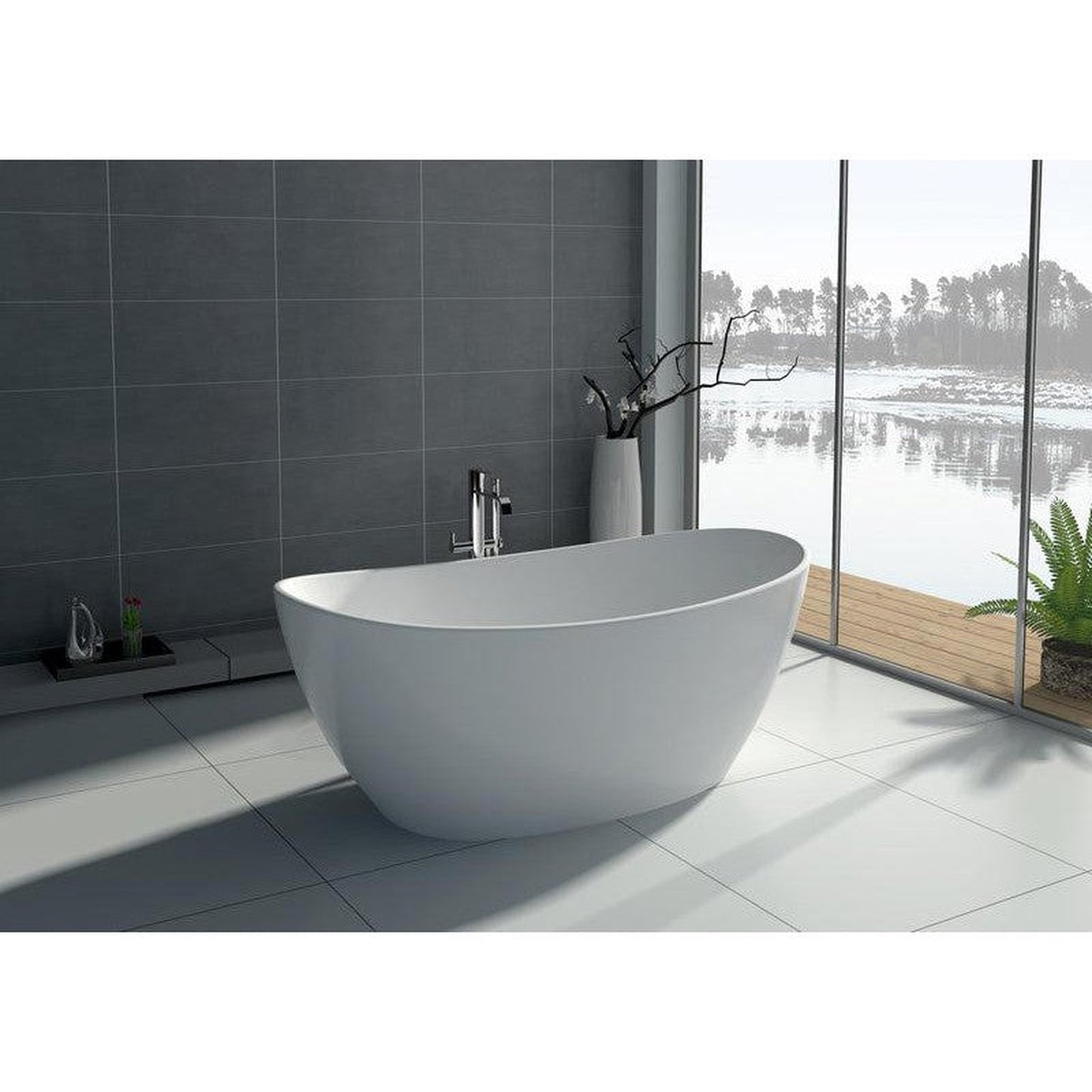 Legion Furniture WJ8611-W 64" Matte White Solid Surface Freestanding Bathtub With Pop-up Drain