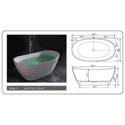 Legion Furniture WJ8611-W 64" Matte White Solid Surface Freestanding Bathtub With Pop-up Drain
