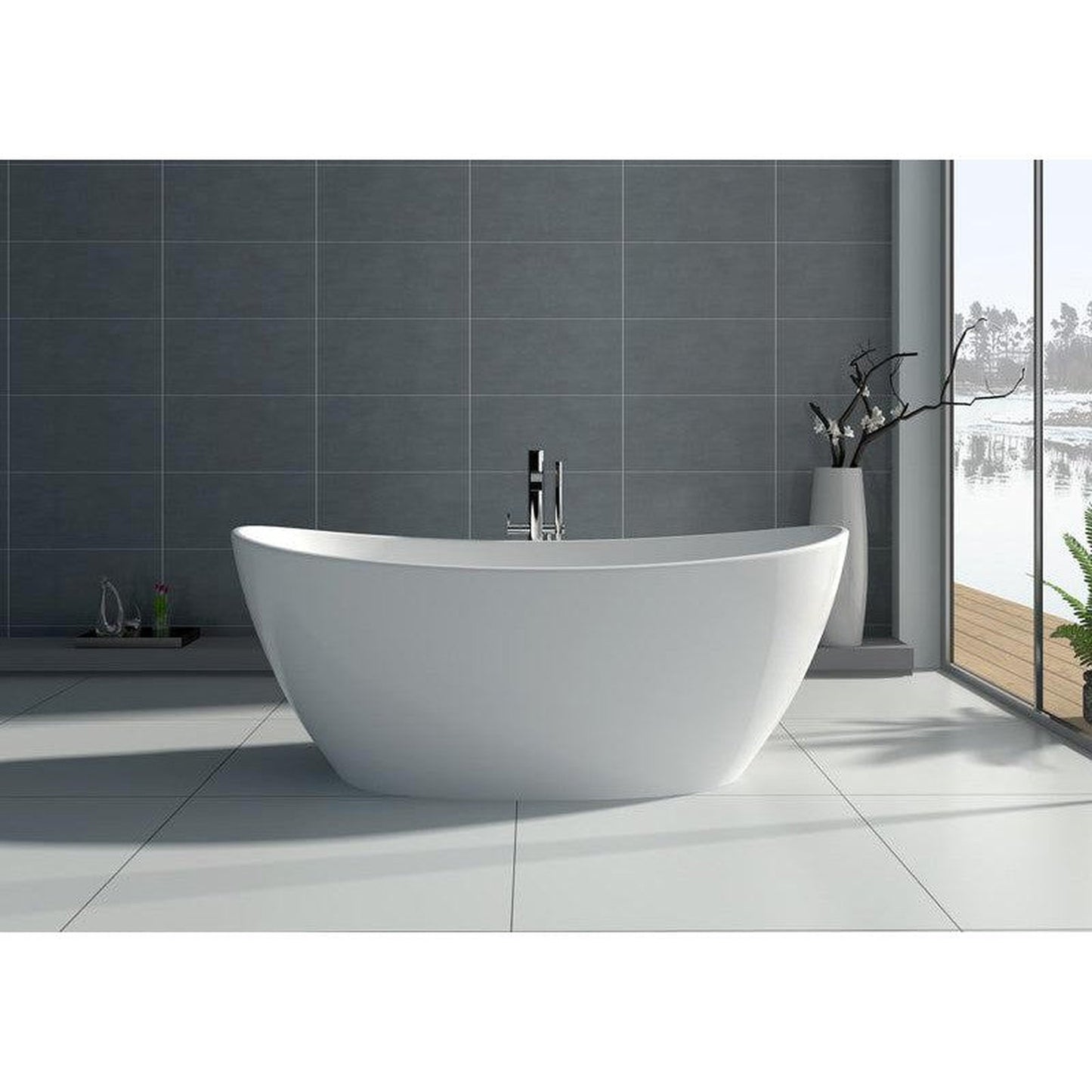 Legion Furniture WJ8611-W 64" Matte White Solid Surface Freestanding Bathtub With Pop-up Drain