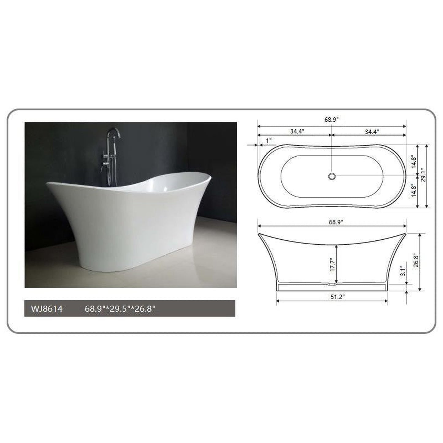 Legion Furniture WJ8614-W 69" Matte White Solid Surface Freestanding Bathtub With Pop-up Drain