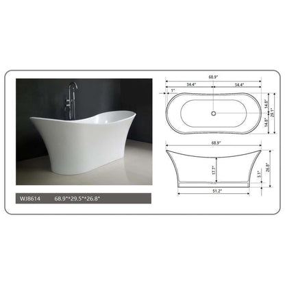 Legion Furniture WJ8614-W 69" Matte White Solid Surface Freestanding Bathtub With Pop-up Drain