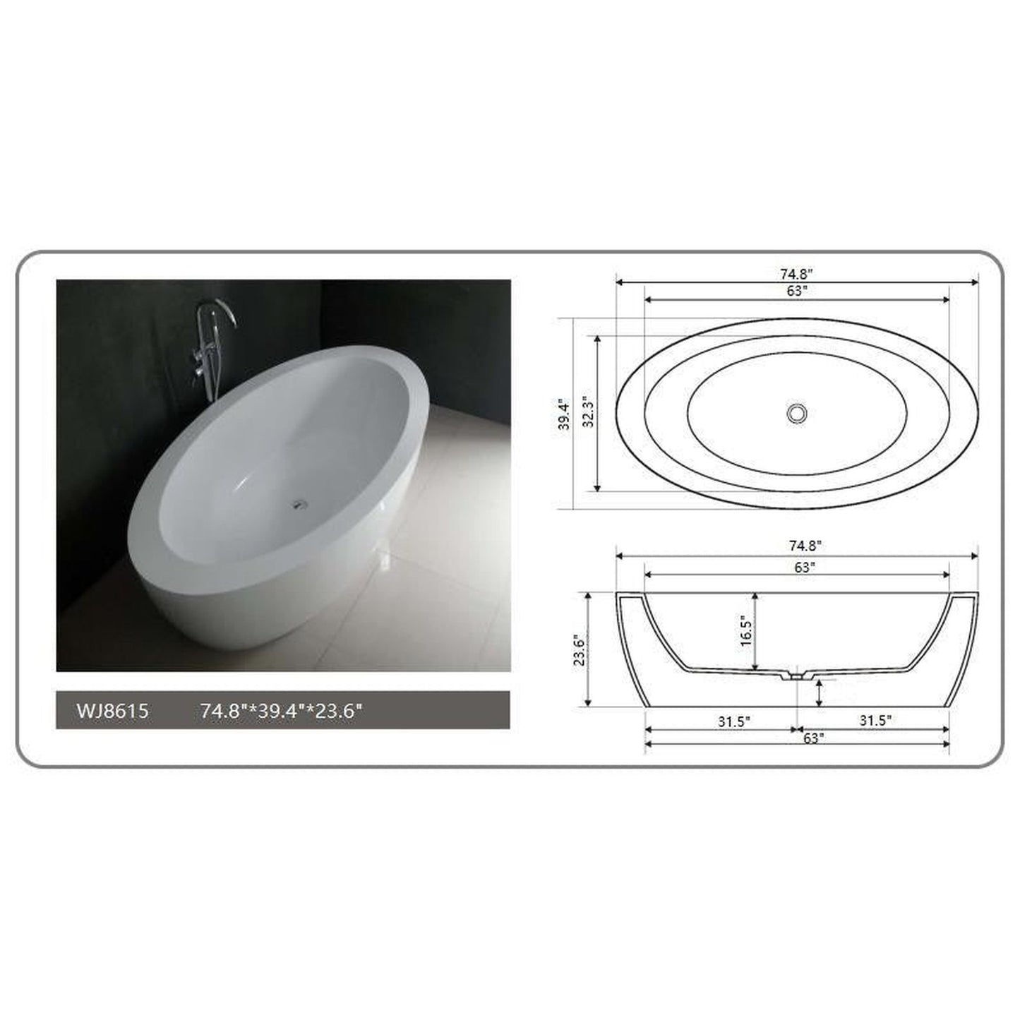 Legion Furniture WJ8615-W 75" Matte White Solid Surface Freestanding Bathtub With Pop-up Drain