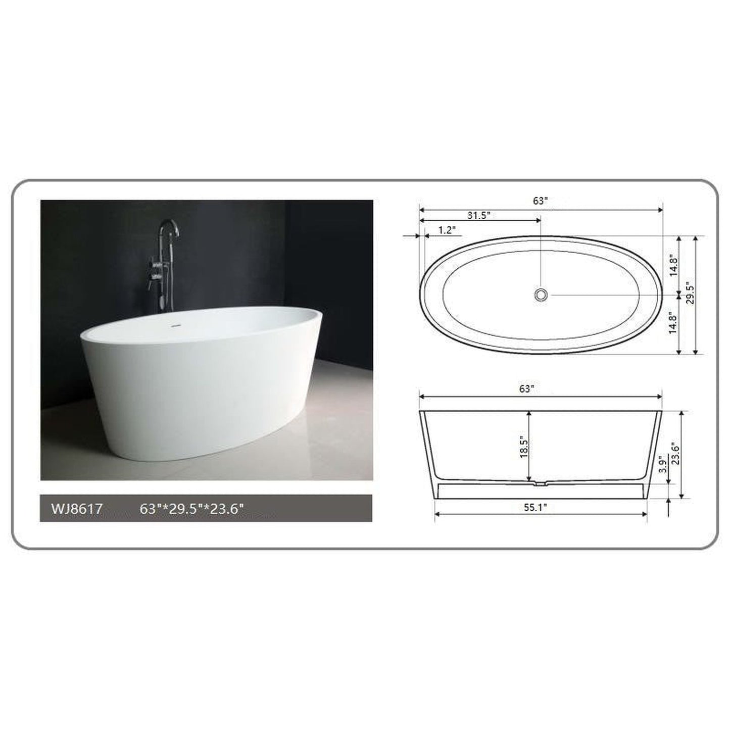Legion Furniture WJ8617-W 63" Matte White Solid Surface Freestanding Bathtub With Pop-up Drain